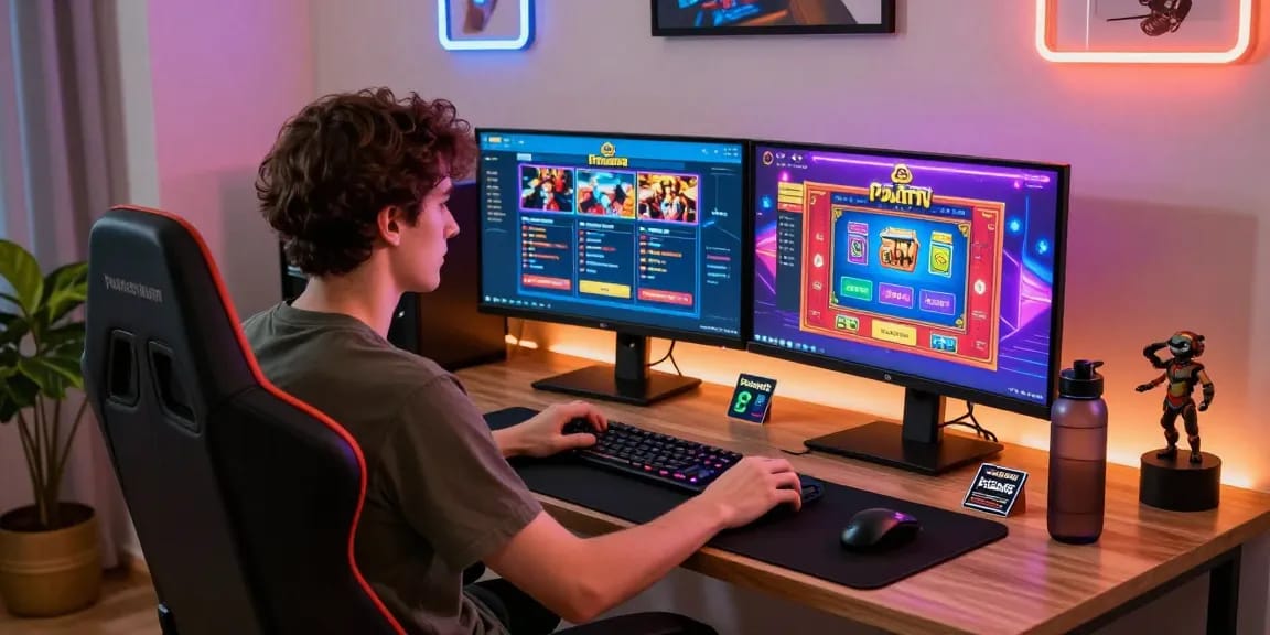 Engagierter Spieler, der ein Spiel in einem Paysafe Card Casino mit modernem Zuhause-Setup genießt.