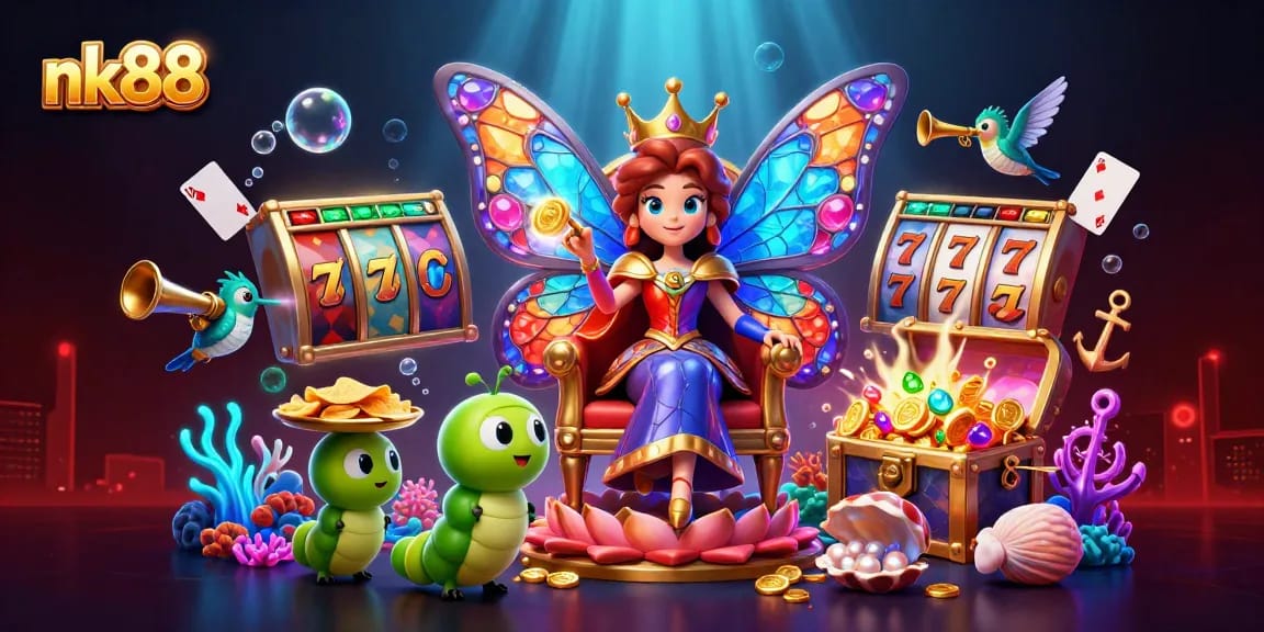 Engage in thrilling games at nk88 with vibrant visuals, slot elements, and rich casino ambiance.