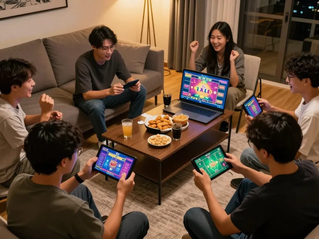 Players enjoying Tài Xỉu online gameplay on mobile devices in a lively home environment.