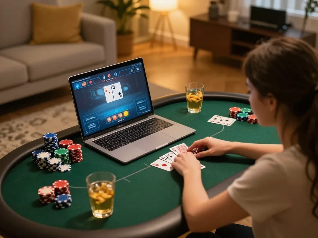 Engaging in game bài đổi thưởng strategy while playing poker online at home with snacks and drinks nearby.