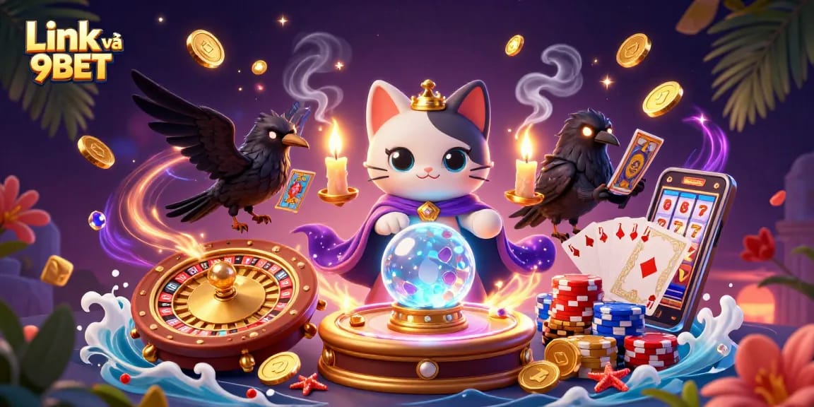 Win big with Link và 9BET: Engaging scene with 3D cartoon characters in a vibrant casino atmosphere.
