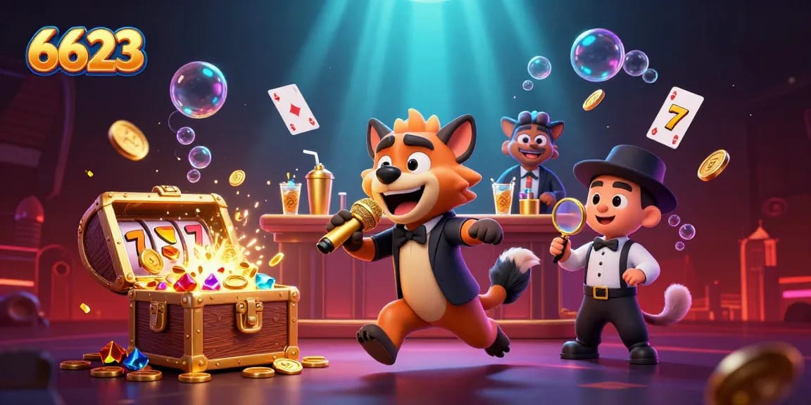 Engage with 6623's thrilling casino experiences featuring lively cartoon hyenas in a bustling atmosphere.