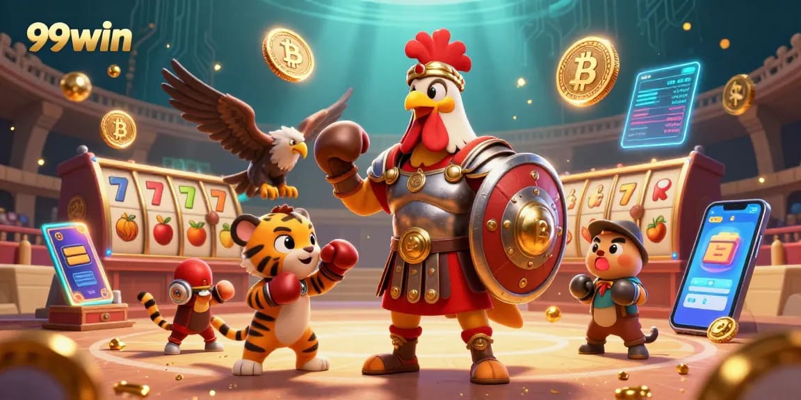 Engage with 99win's thrilling slots featuring a gladiator rooster amid vibrant casino elements.