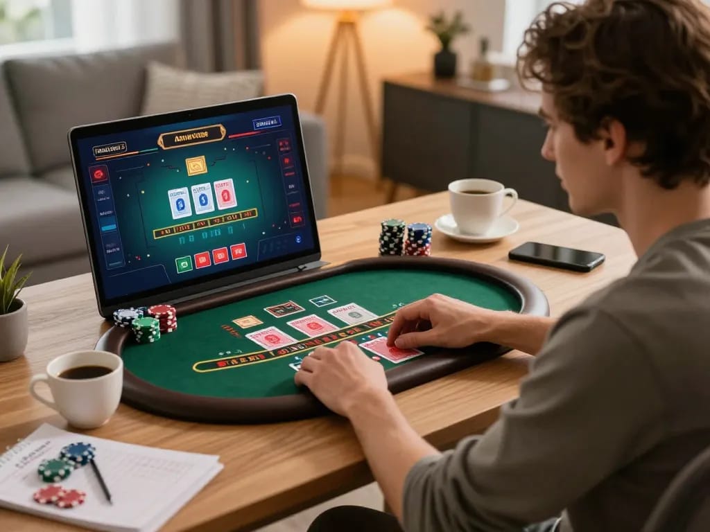 Engaged player explores sunwingo blackjack options on a laptop at home, surrounded by comfortable decor.