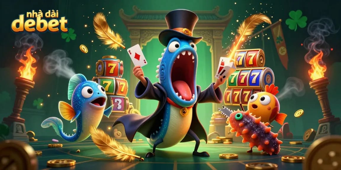 Engage with Nhà cái Debet as a 3D cartoon scene showcases casino excitement with gold coins and magic elements.