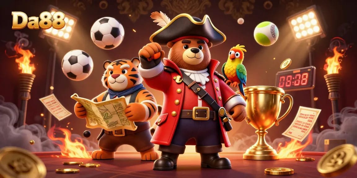 Bet big on Da88 with a pirate captain bear and tiger exploring championship sports!