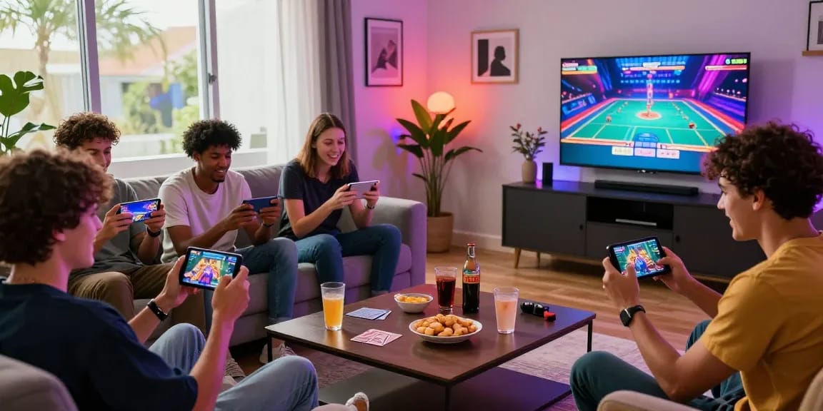 Friends enjoying online card games on mobile devices in a vibrant living room with 68gamebai atmosphere.