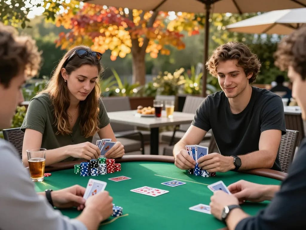 Friends strategizing poker at outdoor table, showcasing ai88bet themes of fun and competitive gaming.
