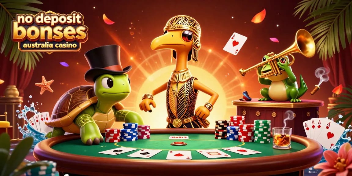 No deposit bonuses Australia casino scene with vibrant 3D characters and poker elements.