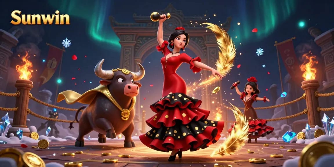 Sunwin captivates players with an engaging casino scene featuring a dancer, a bull, and dynamic gaming elements.