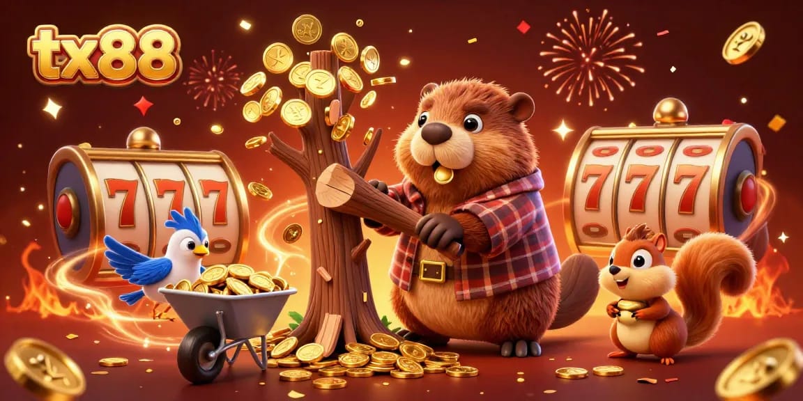 Experience thrilling wins at tx88 with a cartoon beaver in a casino filled with gold coins and festive elements.