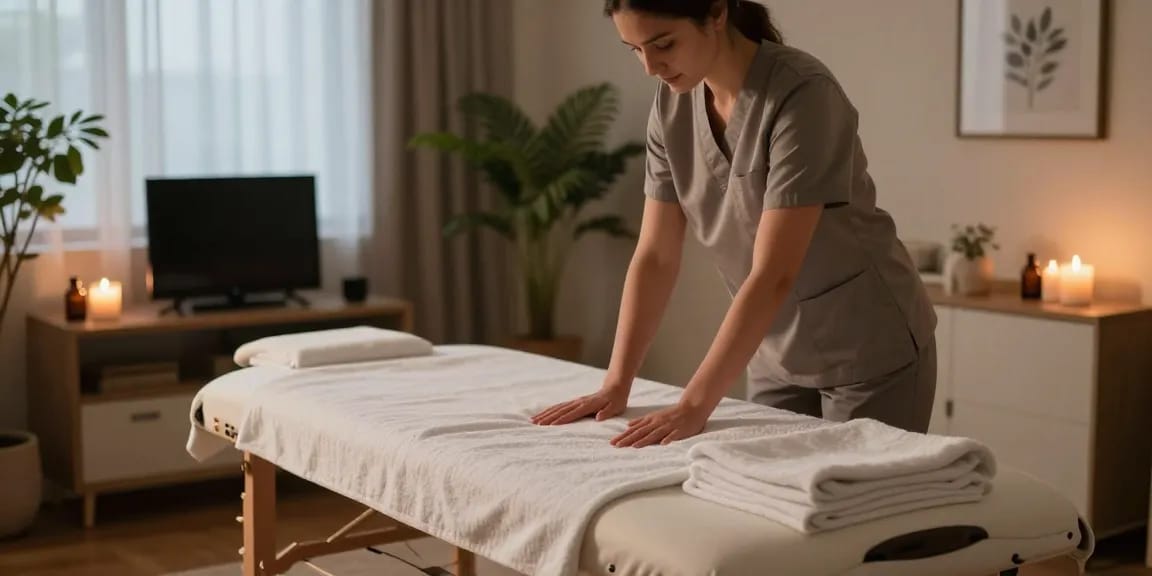 동탄출장안마 service setup with a professional therapist at home, creating a calming atmosphere with essential oils and soft lighting.