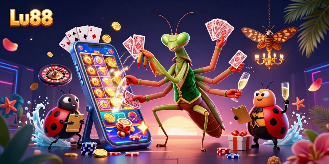 Lu88 showcases colorful slot games with giant praying mantis dealer and ladybug pit boss in a vibrant casino scene