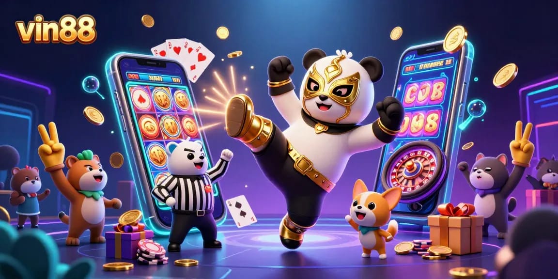Experience thrilling gameplay with vin88 featuring a panda wrestler and exciting casino elements!