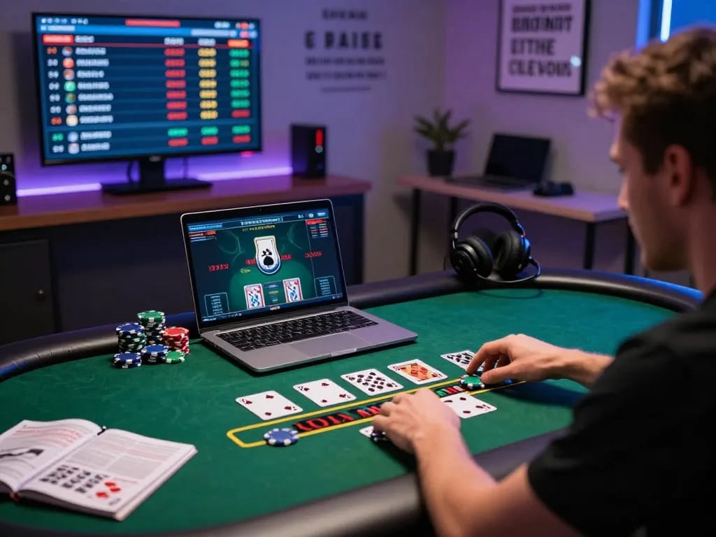 Excited online player at MM88 casino, engaging with live dealer in a vibrant gaming atmosphere.