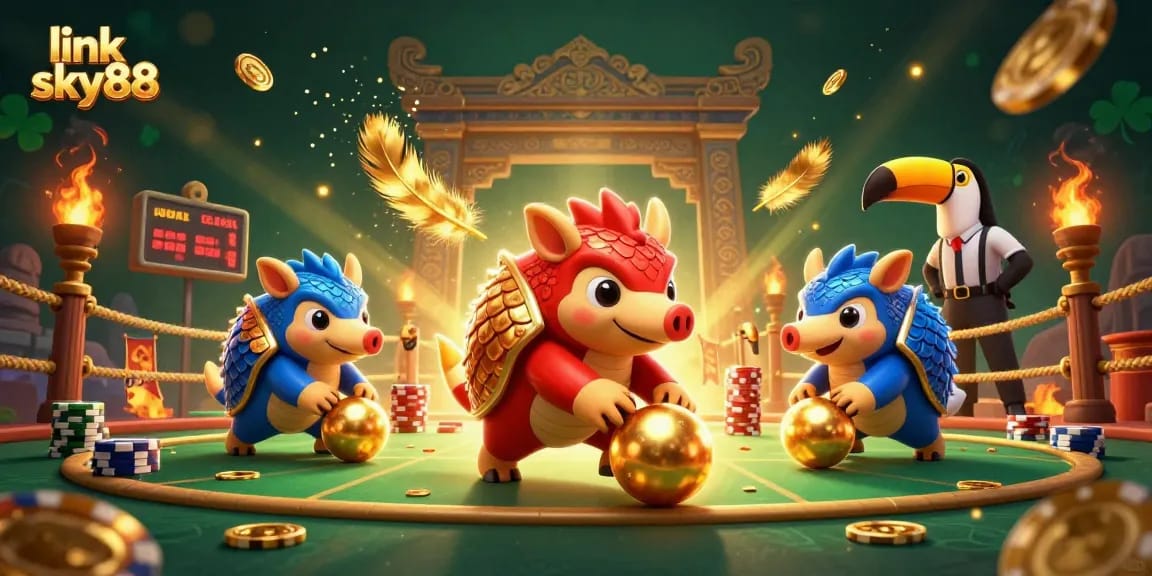 Experience thrilling moments with link sky88 as pangolins bowl through poker chips in a vibrant casino scene.