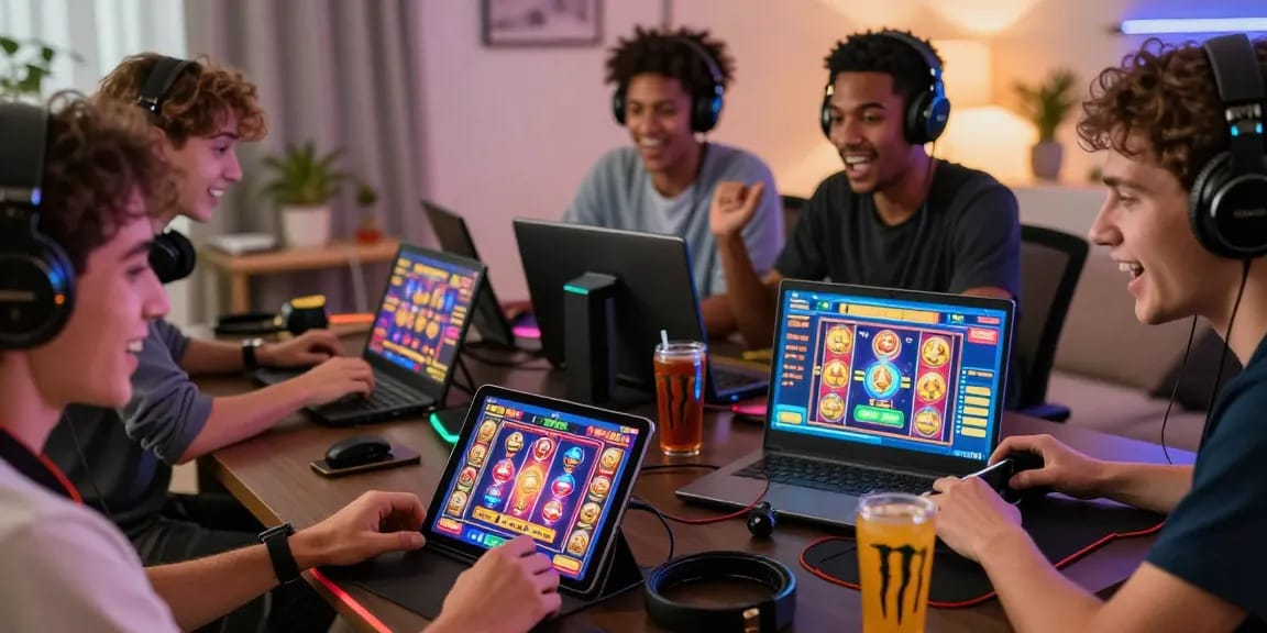 Pengalaman bermain slot online yang menegangkan dengan pemain yang terlibat di berbagai perangkat.