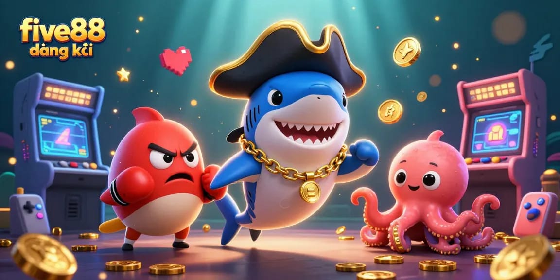 Engaging five88 đăng ký scene with a cartoon shark, pufferfish, and octopus enjoying vibrant gaming action.