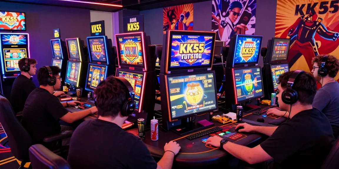 Player immersed in an exciting online gaming session at KK55, surrounded by vibrant graphics and multiple screens.