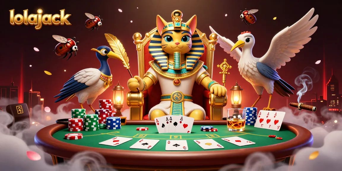 Experience thrilling gameplay at lolajack casino with a vibrant 3D illustration featuring a pharaoh cat and poker elements.