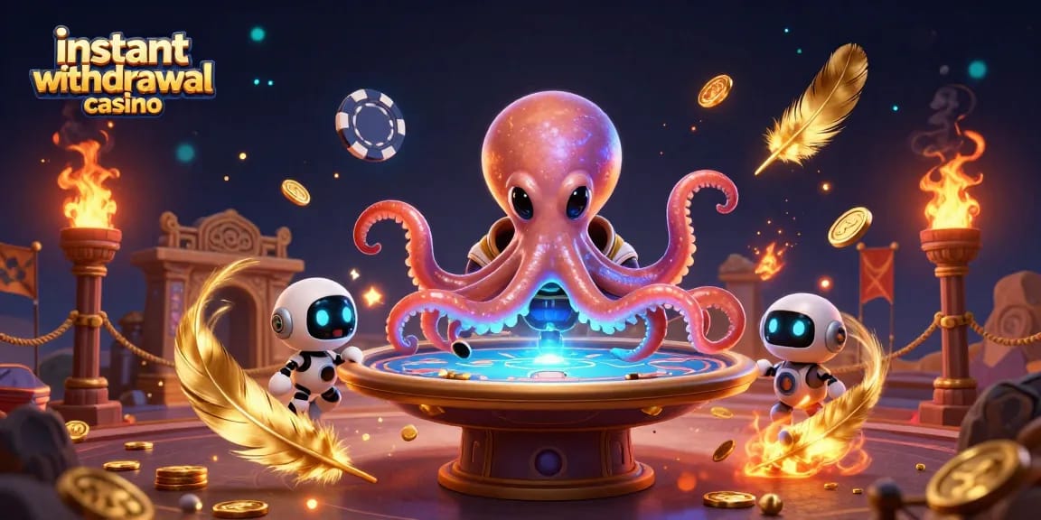 Experience the thrill of an instant withdrawal casino with an alien octopus at a holographic poker table, showcasing exciting gameplay.
