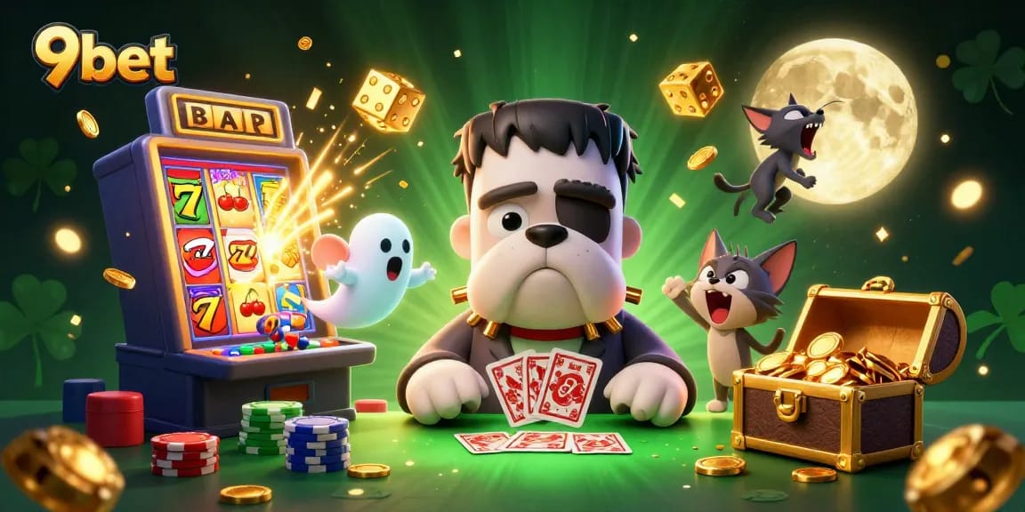 Experience thrilling gaming with 9bet in a vibrant, cartoon-style casino scene.