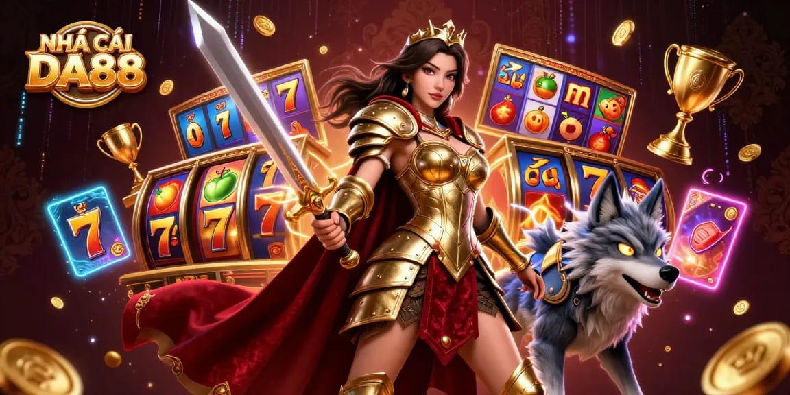 Experience thrilling gameplay with NHÀ CÁI DA88's vibrant casino-themed illustration featuring dynamic gaming elements.