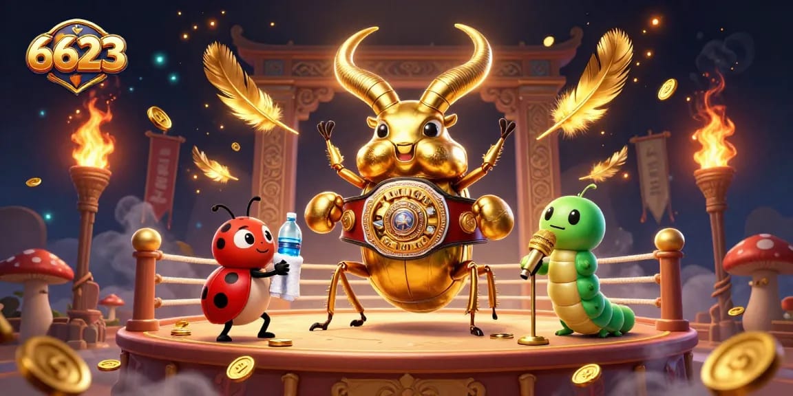 Experience the thrill of 6623 betting with a golden stag beetle champion in a dynamic casino scene.