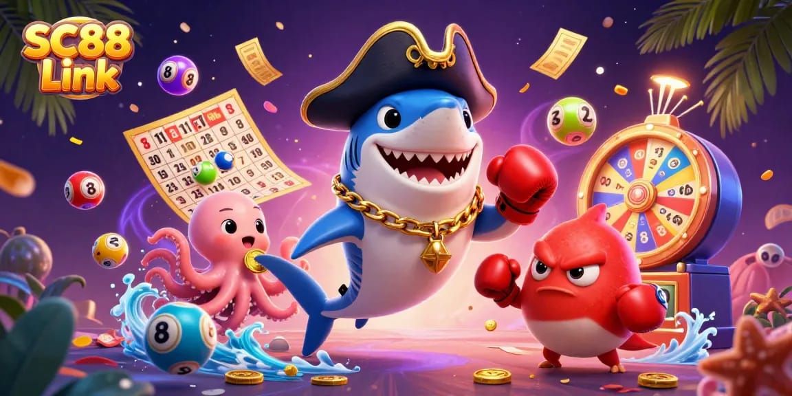 Engage with SC88 Link as a cartoon pirate shark, pufferfish, and octopus amidst lottery excitement.