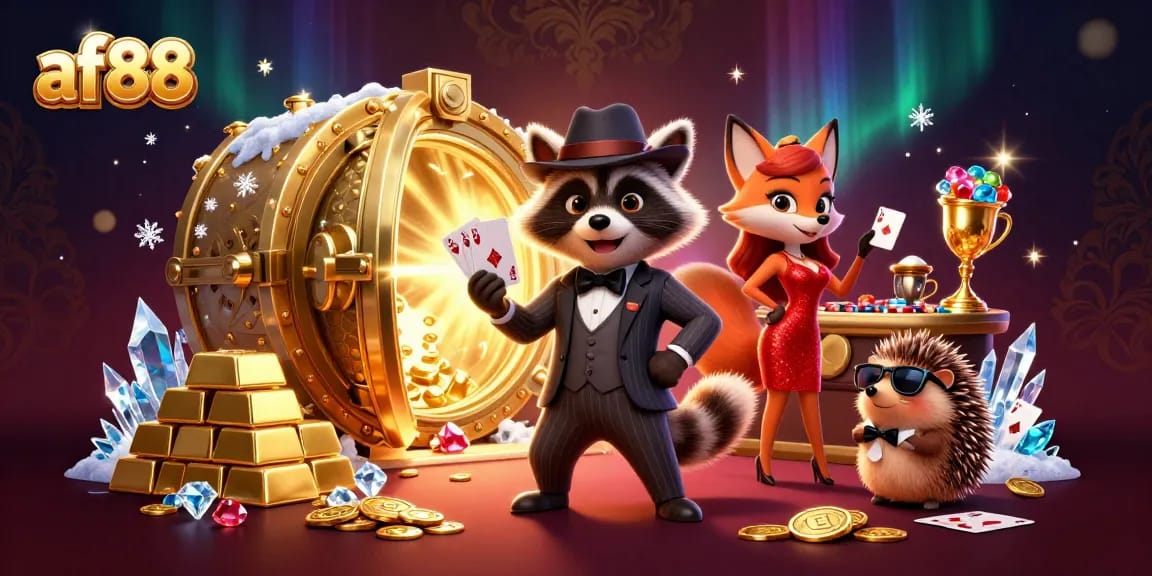 Engage with af88’s thrilling poker scene featuring a raccoon in a suit, a dazzling fox, and a stylish hedgehog.