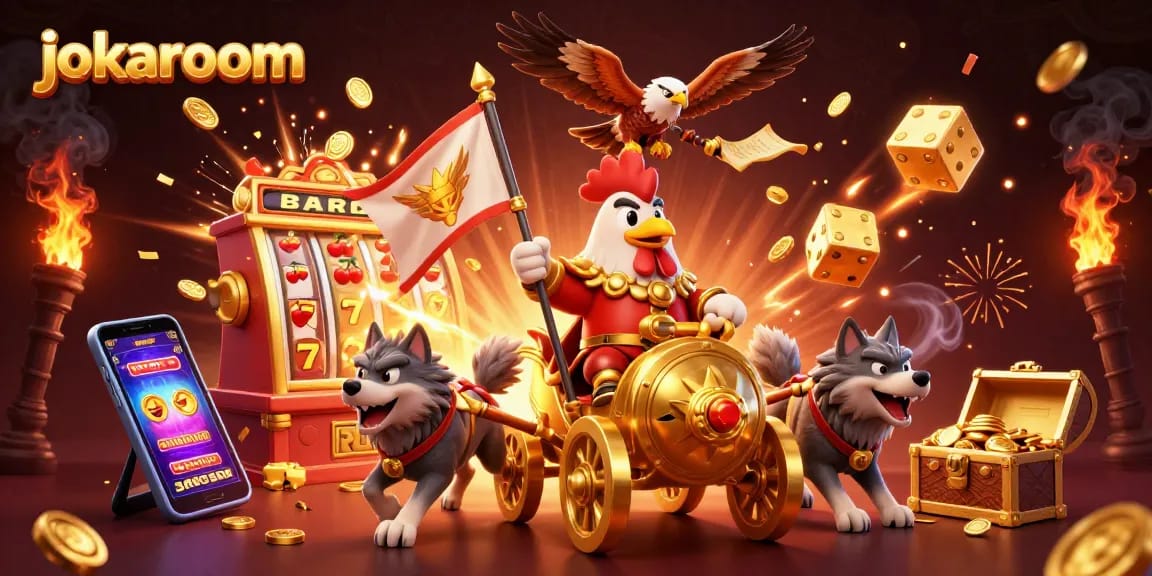 Experience the thrill of jokaroom with a rooster warlord and jackpot elements.
