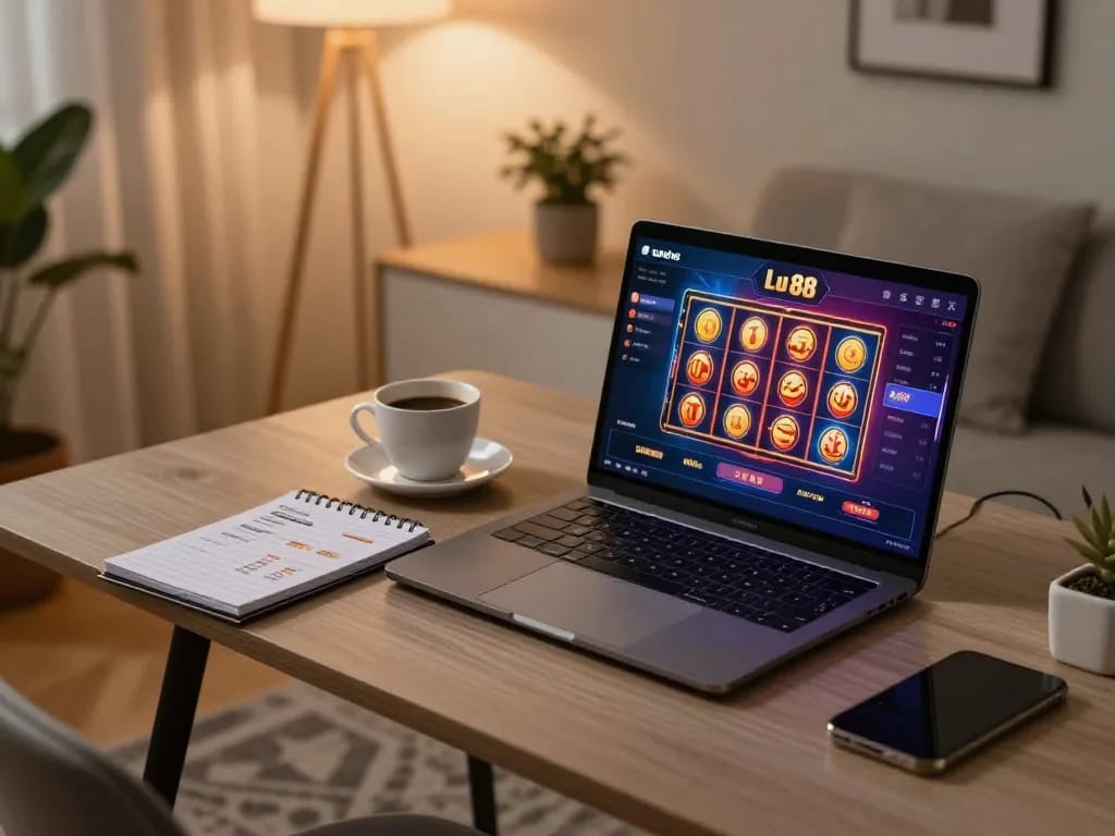 Enjoy an engaging gaming moment with Lu 88 on a sleek laptop surrounded by a cozy home atmosphere.