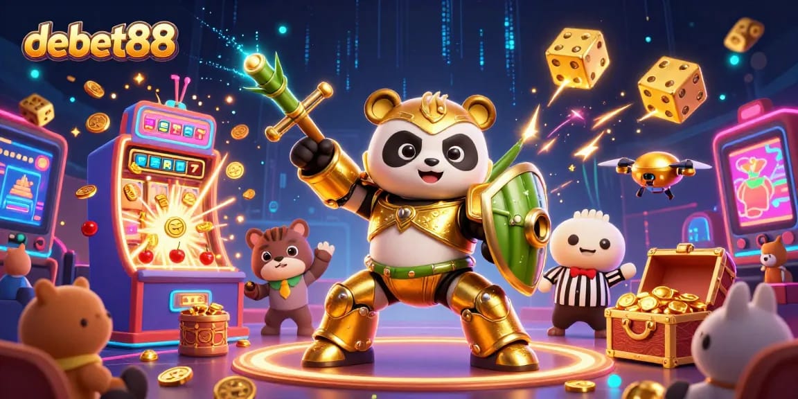 Experience the exciting gameplay of debet88 with a vibrant 3D casino illustration showcasing a jackpot celebration.