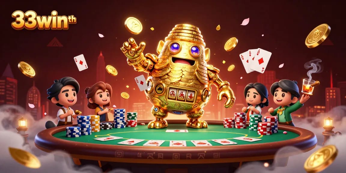 Engage in thrilling gameplay with 33winth as ancient golden golem and poker elements create a rich casino atmosphere.