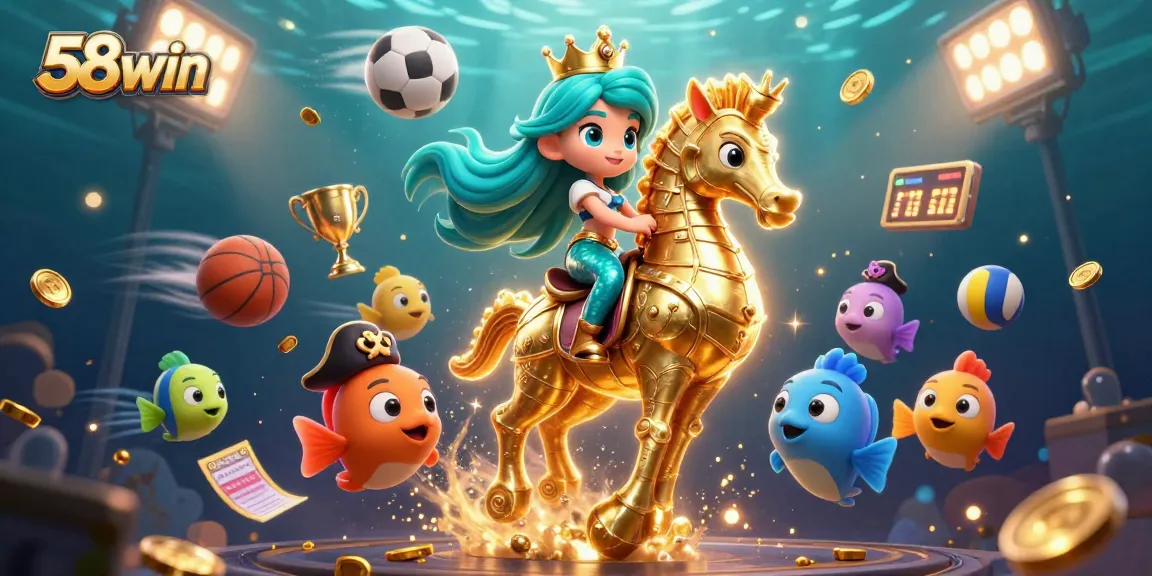 Engage in thrilling adventures with 58win's vibrant animated underwater casino scene featuring sports balls and energetic characters.