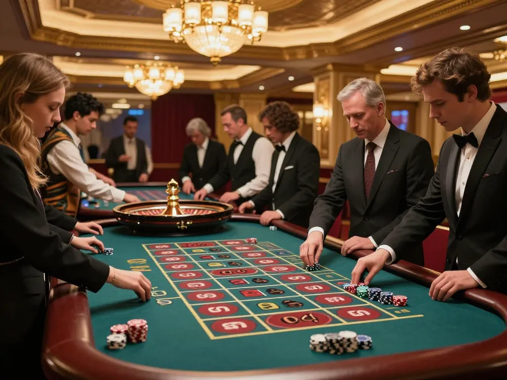 Exciting roulette game action at a casino featuring 888bgo players in a luxurious setting.