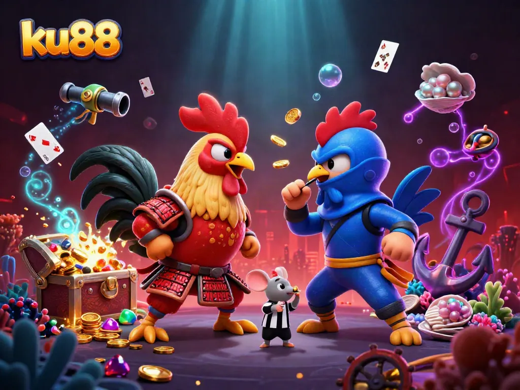 Experience the thrill of ku88 with 3D roosters in combat surrounded by golden treasures.