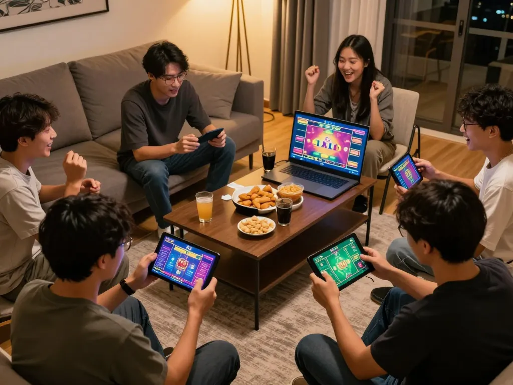 Players enjoying Tài Xỉu online gameplay on mobile devices in a lively home environment.