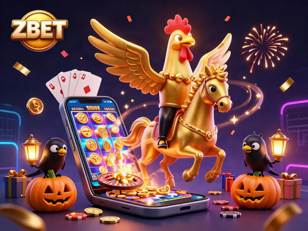 ZBET's vibrant casino adventure features a golden rooster and spooky crows in action.