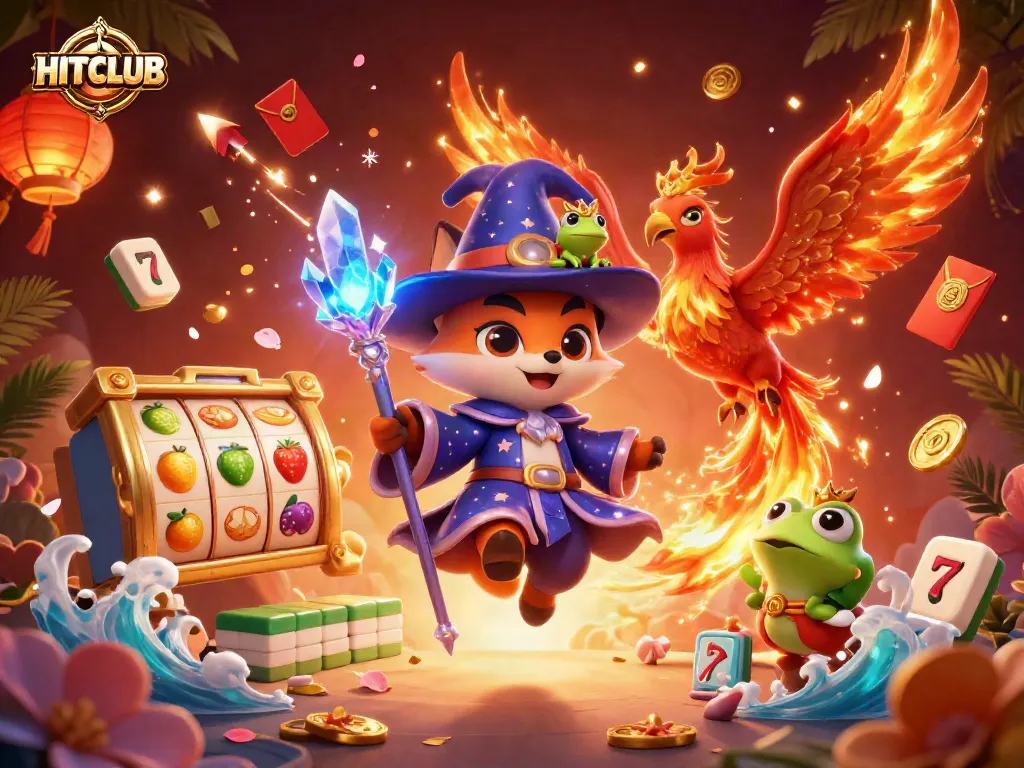 Spin the slots with HITCLUB's vibrant 3D casino scene filled with excitement and energy.