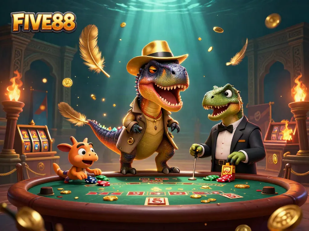 FIVE88 the casino experience features a cartoon velociraptor counter, a stegosaurus pit boss at a vibrant blackjack table.