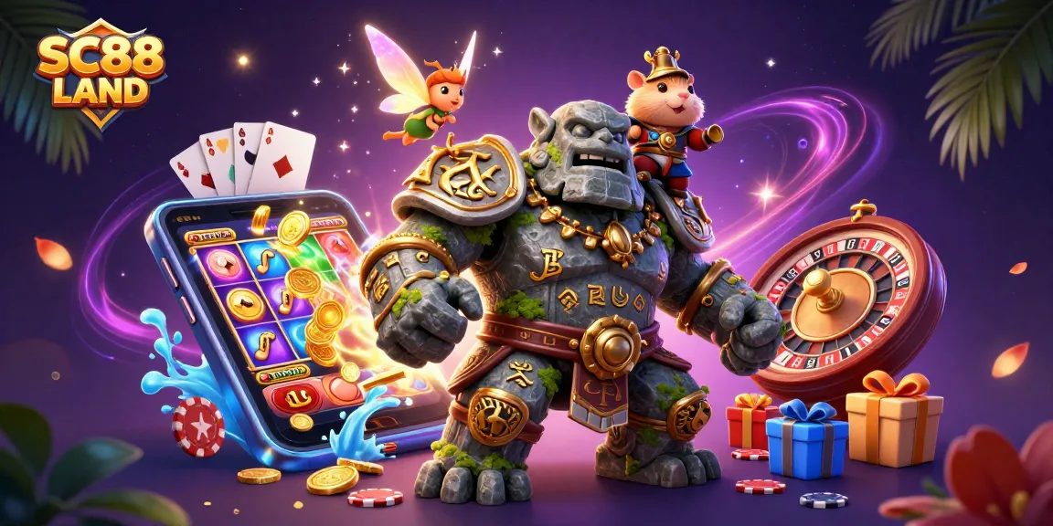 Engage in exciting gaming at SC88 LAND with captivating characters and vibrant casino elements.