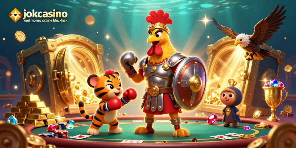 Experience jokacasino real money online blackjack with a vibrant casino scene featuring unique characters and gold treasures.