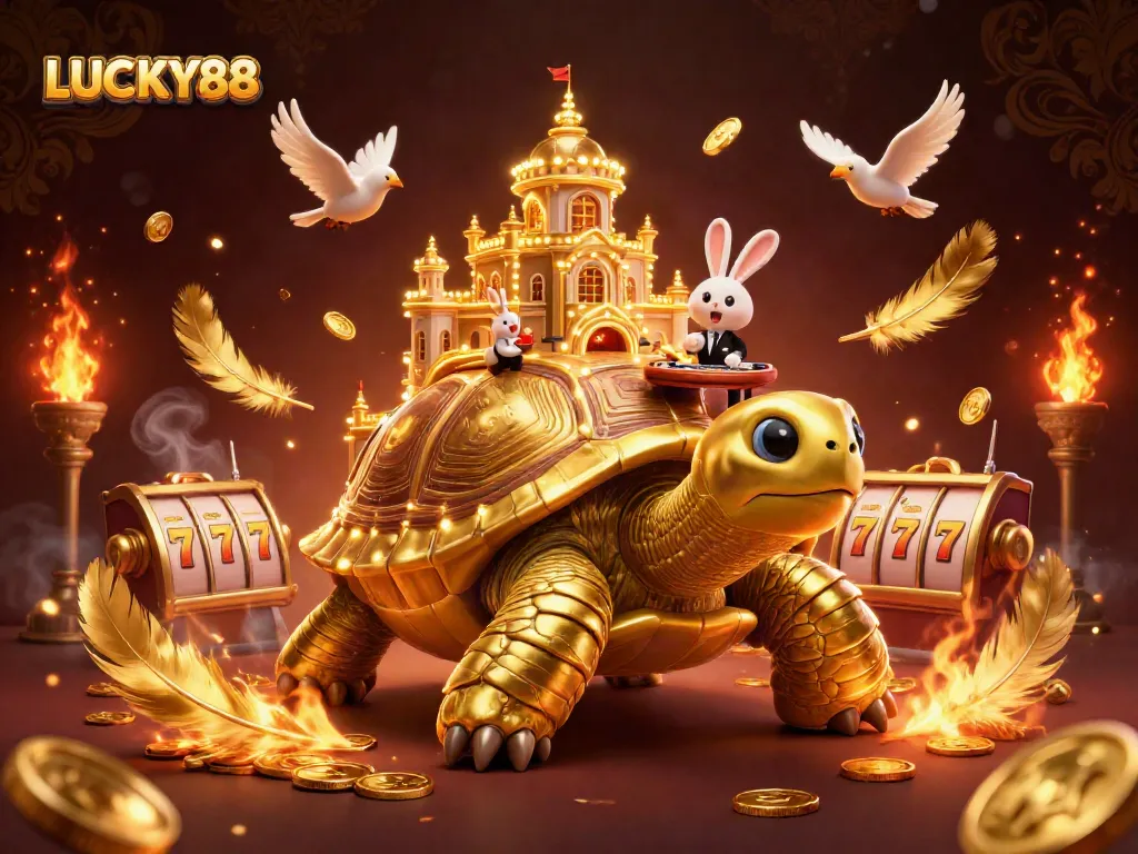 LUCKY88 showcases a vibrant casino scene with a golden tortoise and a rabbit dealer amidst dynamic gaming elements.