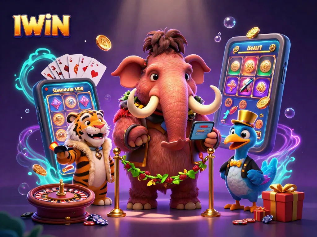 IWIN casino bouncer checks IDs as a saber-tooth tiger VIP enters, surrounded by dynamic slot game elements.