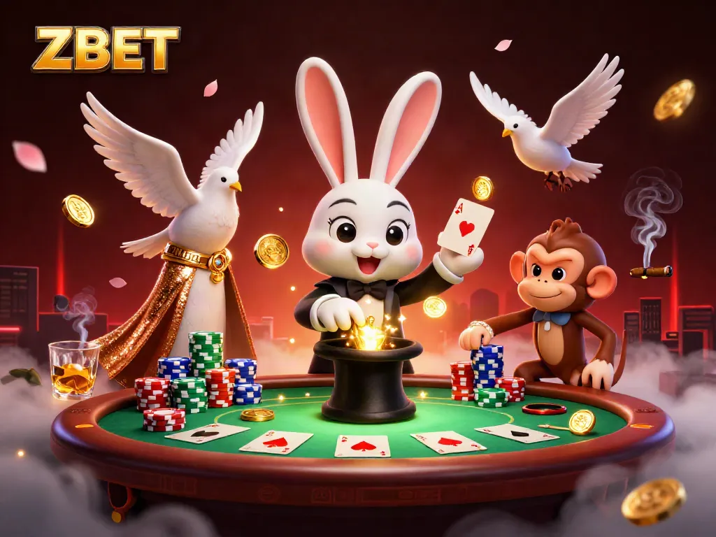 ZBET players enjoy thrilling poker action with a magician rabbit pulling golden coins and a monkey stealing chips.