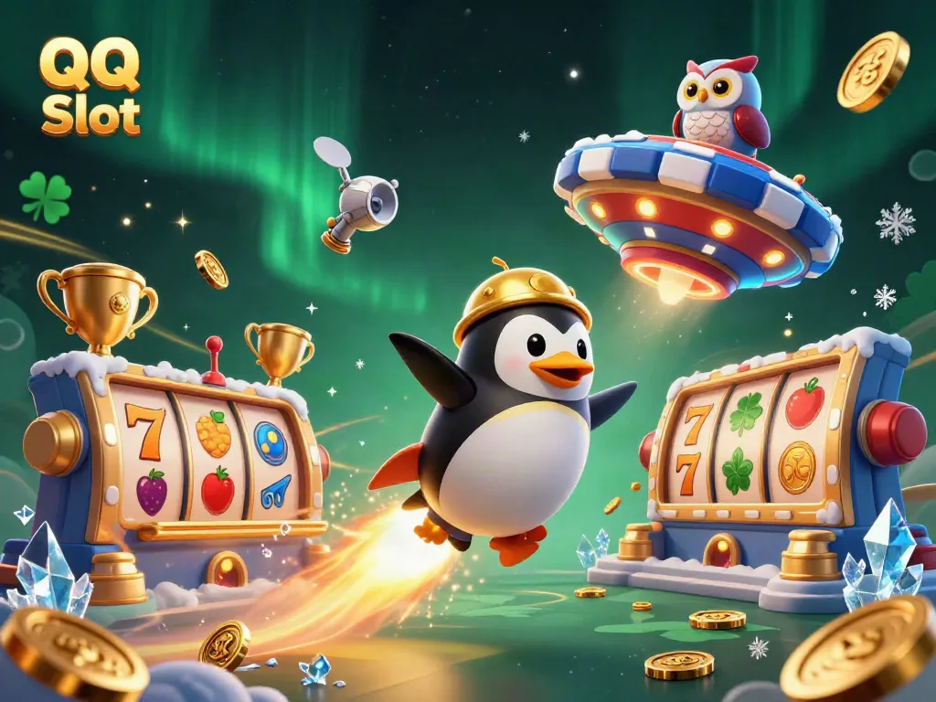 Experience winning thrills with QQ Slot in an engaging, lively 3D illustration of a golden penguin.