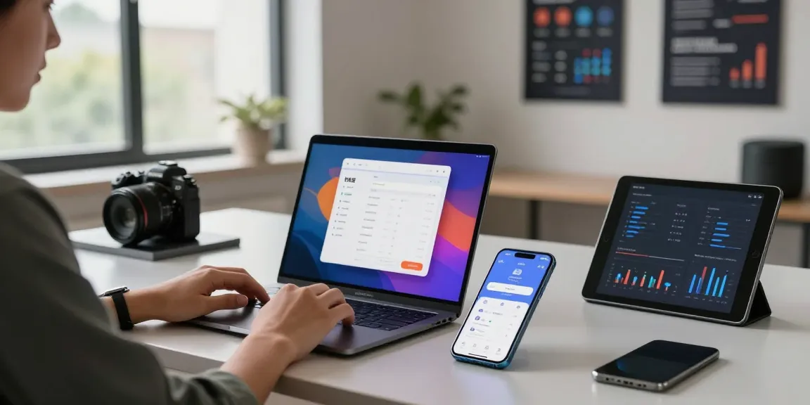 快连 app open on laptop in a modern tech workspace, showcasing a productive atmosphere.