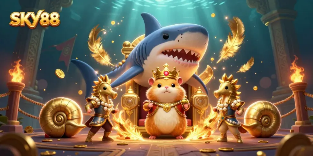 Engage with SKY88, where a fierce golden hamster king and royal guards reign in a dynamic casino scene.
