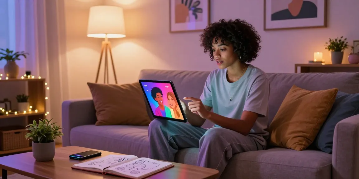 Immersive scene featuring a user interacting with ai nsfw character on a tablet in a cozy modern living room.